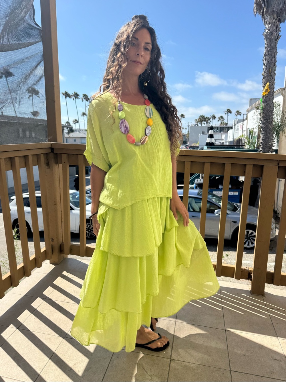 Flowy Lime Tiered Maxi Cotton Dress